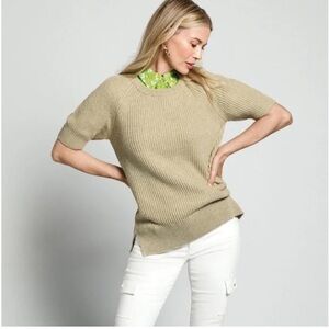 CAbi Prime Pullover Beige Ribbed Short Sleeve Crew Sweater Women’s Medium